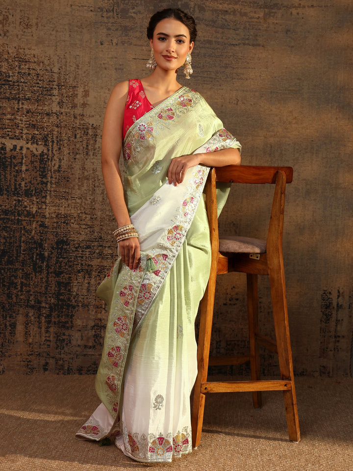 Green Floral Embroidered Tissue Saree With Unstitched Blouse Piece