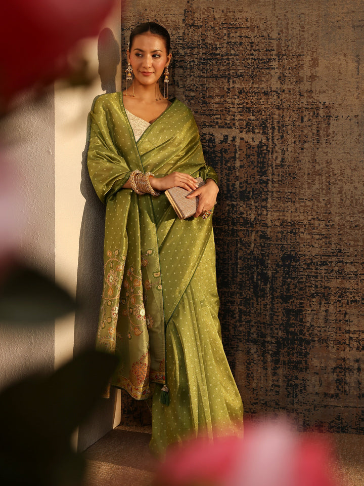Green Floral Embroidered Tissue Saree With Unstitched Blouse Piece