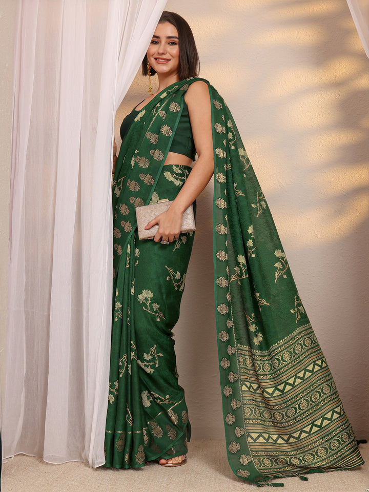 Green Floral Print Jacquard  Silk Blend Saree 
With Unstitched Blouse Piece