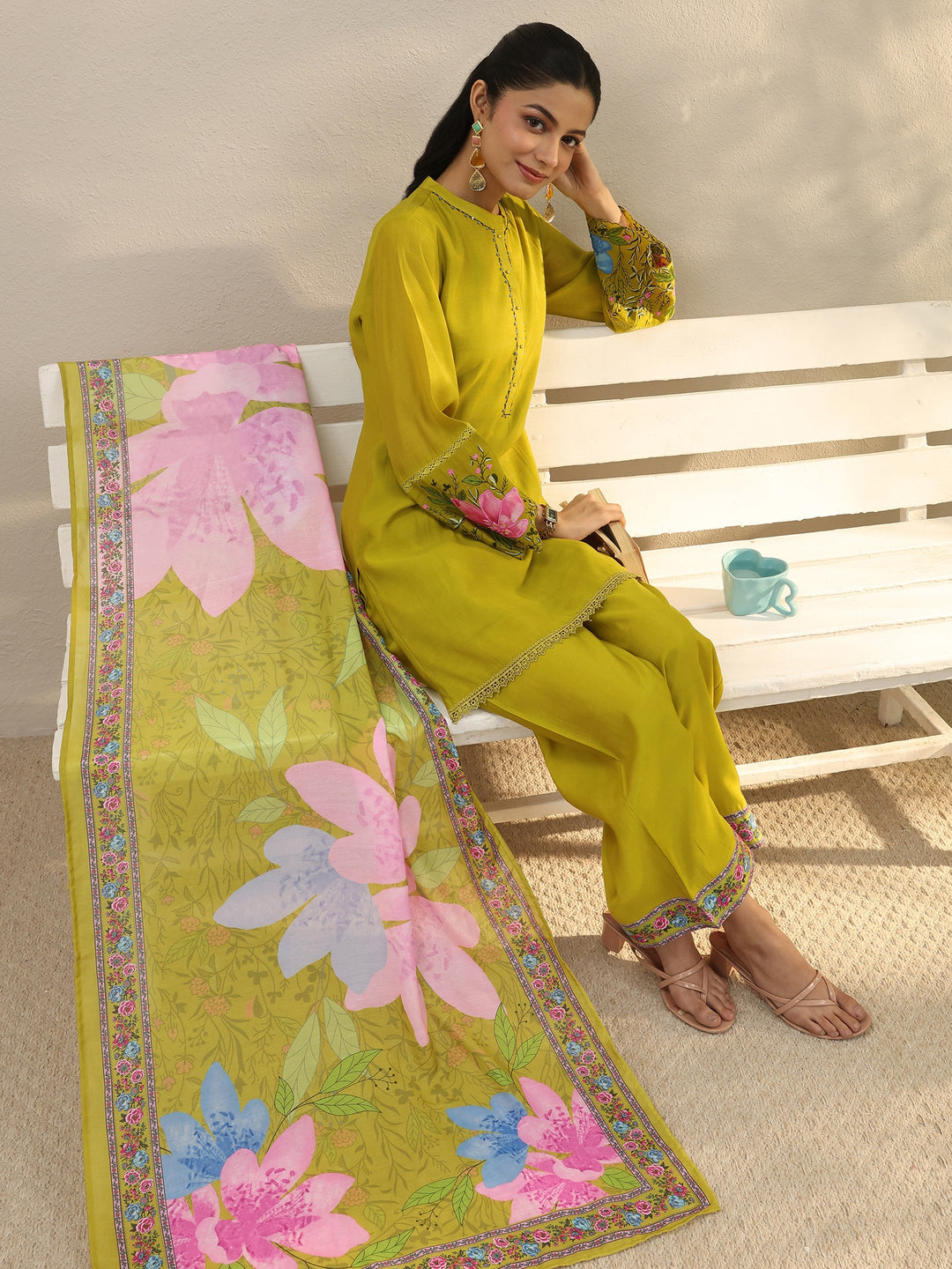 Green Floral Printed Chanderi Silk Straight Suit Set