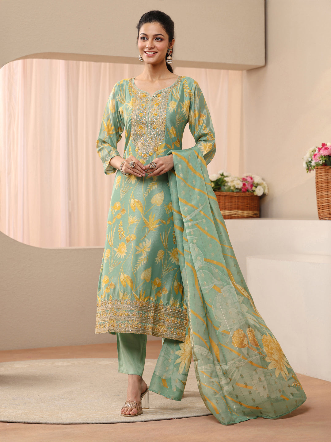 Green Floral Printed Chinon Straight Suit Set