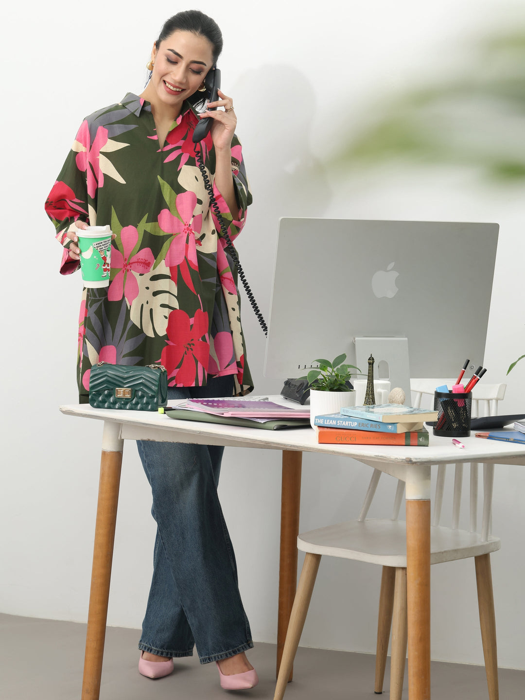 Green Floral Printed Cotton Blend A-Line Short Kurti