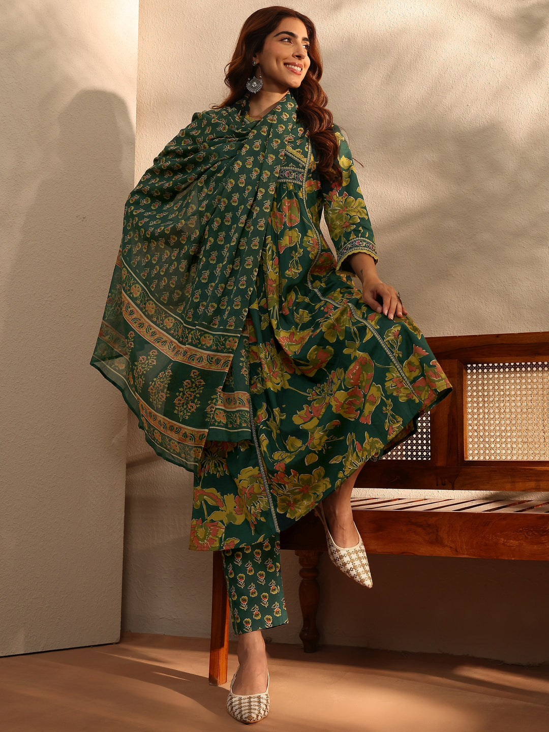 Green Floral Printed Cotton Blend A-Line Suit Set With Dupatta