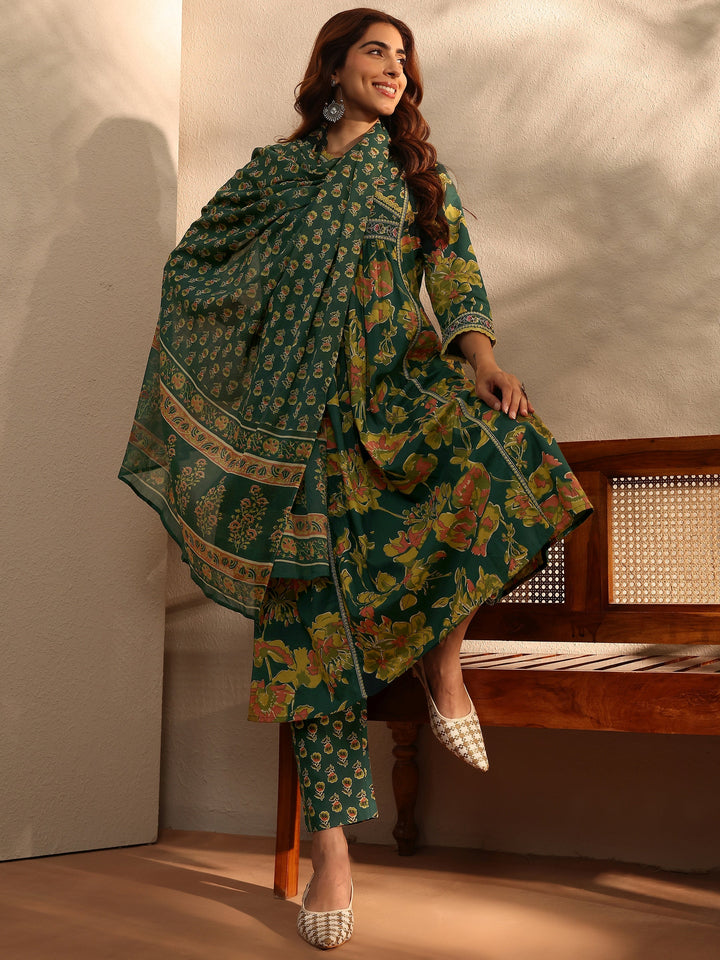 Green Floral Printed Cotton Blend A-Line Suit Set With Dupatta