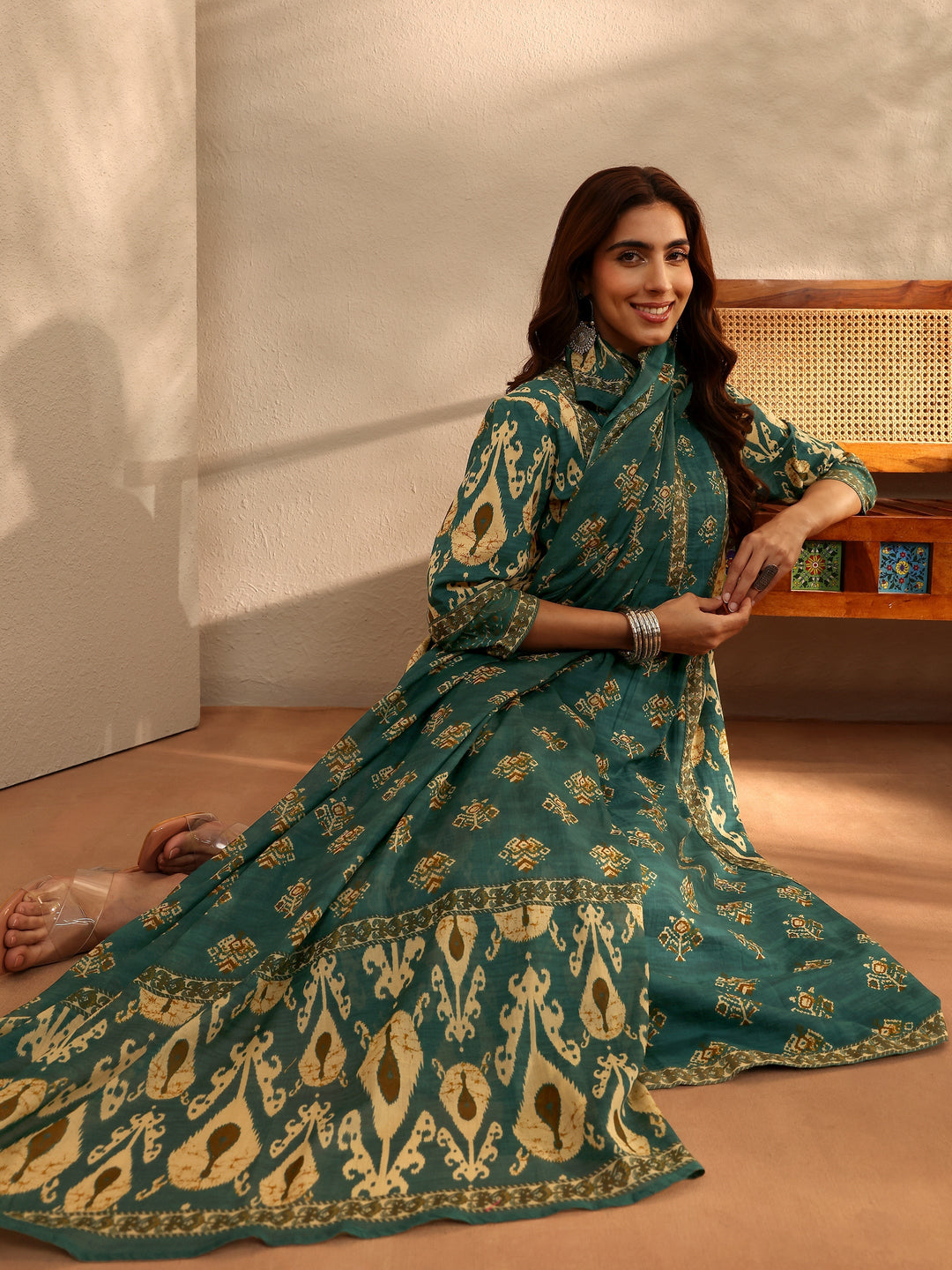 Green Floral Printed Cotton Blend A-Line Suit Set With Dupatta
