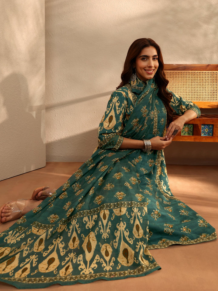 Green Floral Printed Cotton Blend A-Line Suit Set With Dupatta