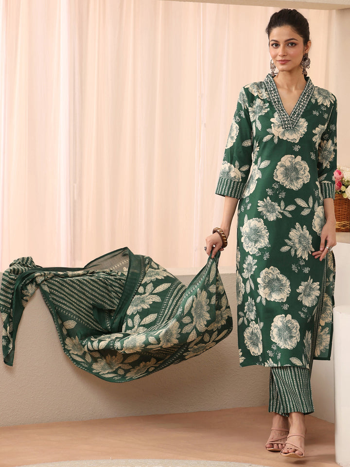 Green Floral Printed Cotton Blend Straight Suit Set