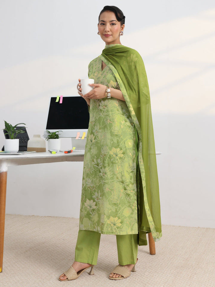 Green Floral Printed Cotton Blend Straight Suit Set With Dupatta