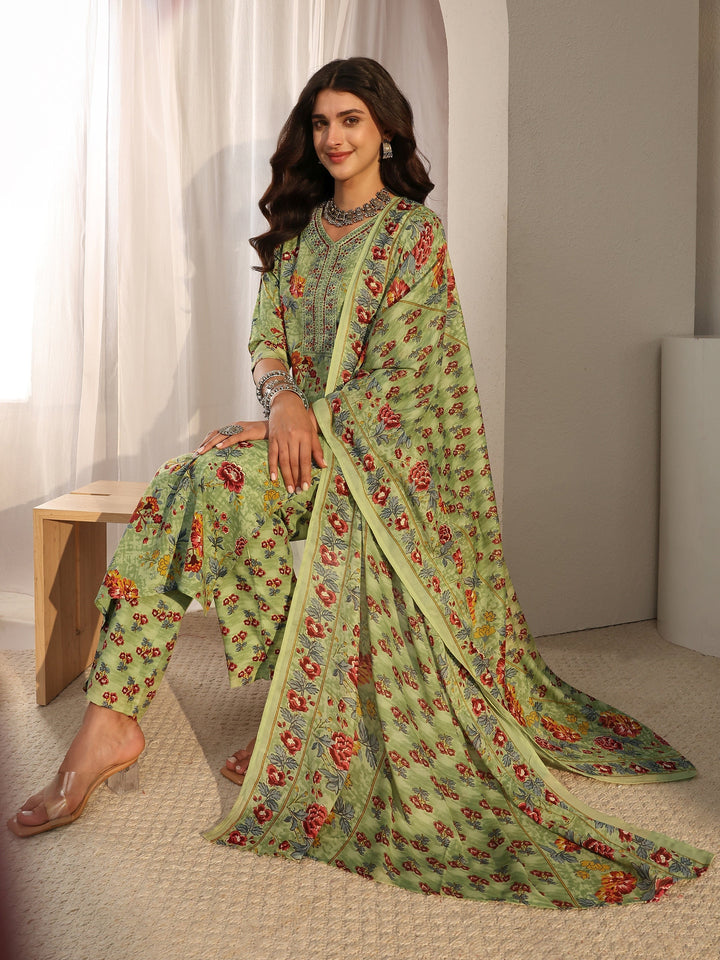 Green Floral Printed Cotton Blend Straight Suit Set With Dupatta