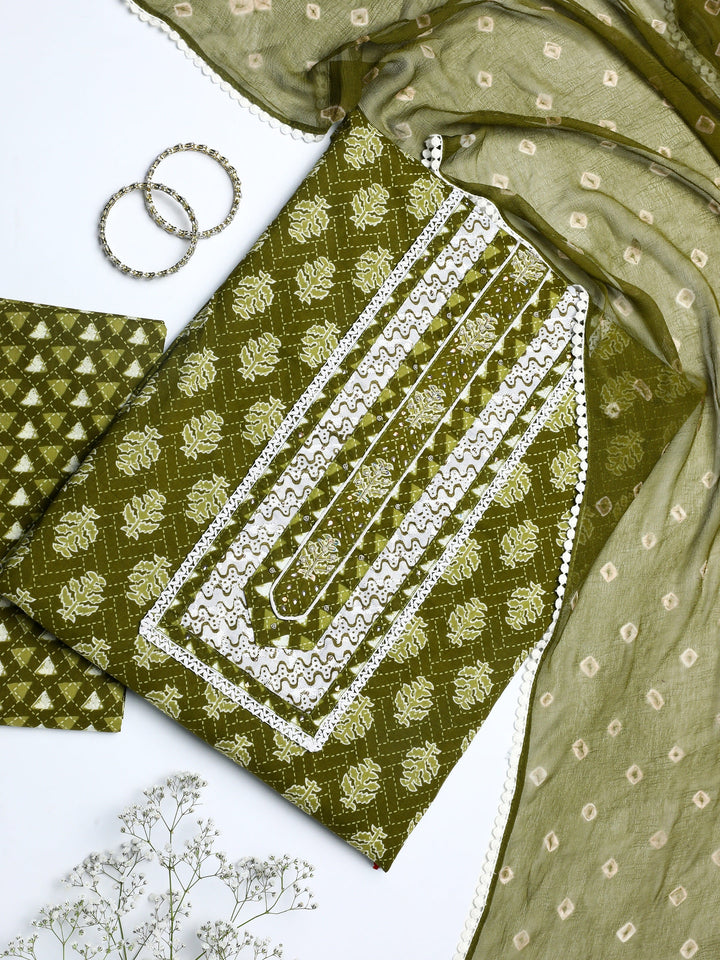 Green Floral Printed Cotton Dress Material With Dupatta