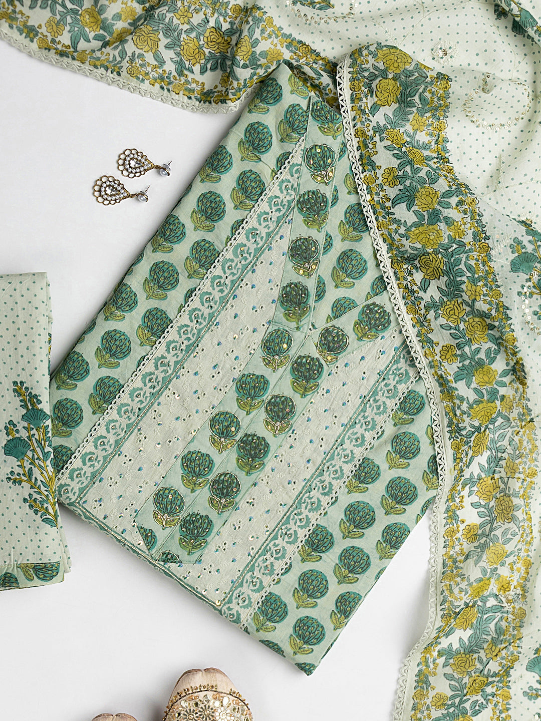 Green Floral Printed Cotton Dress Material With Dupatta