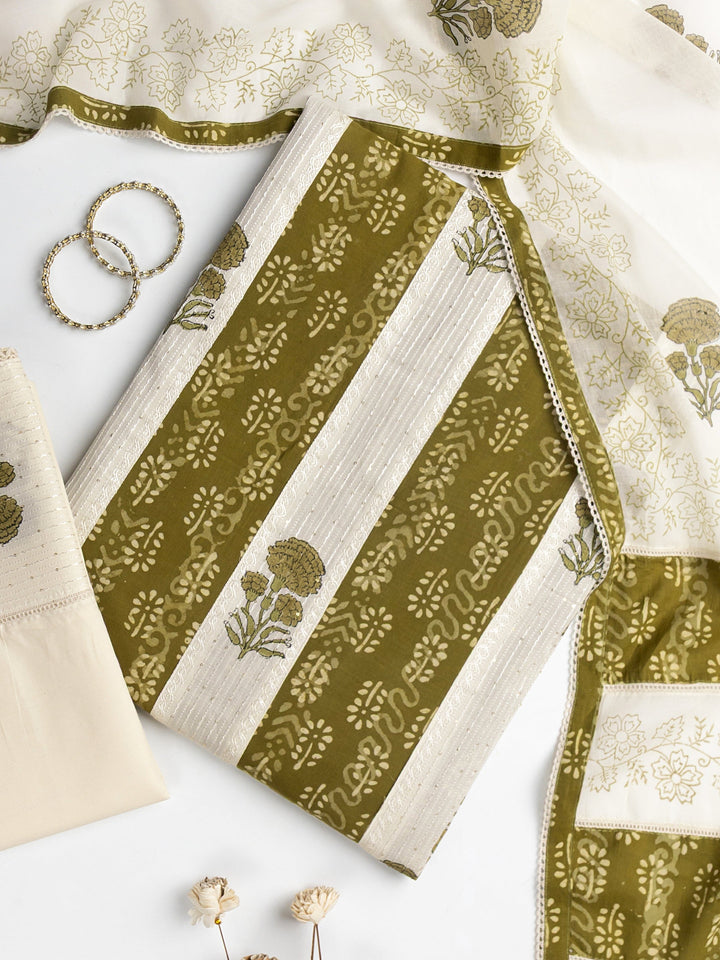 Green Floral Printed Cotton Dress Material With Dupatta