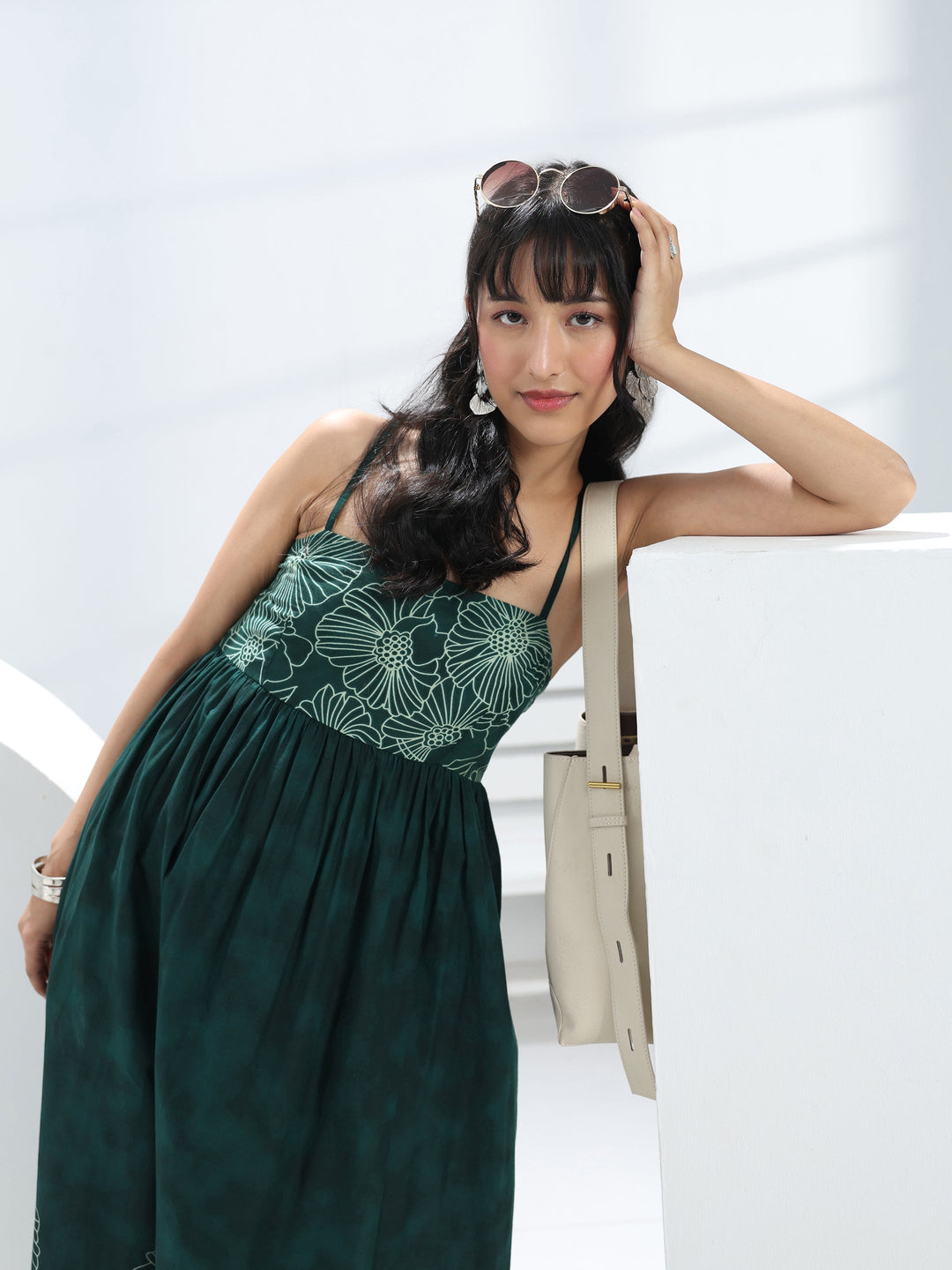 Green Floral Printed Cotton Fit And Flare One Piece Dress