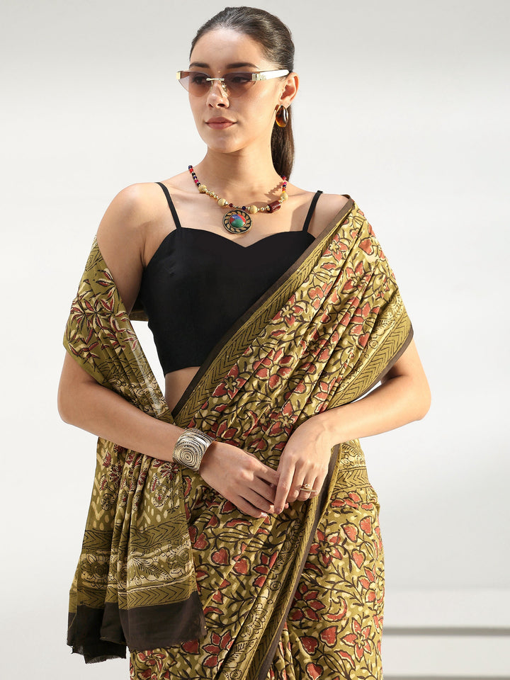 Henna Green Floral Dabu Print Cotton Saree