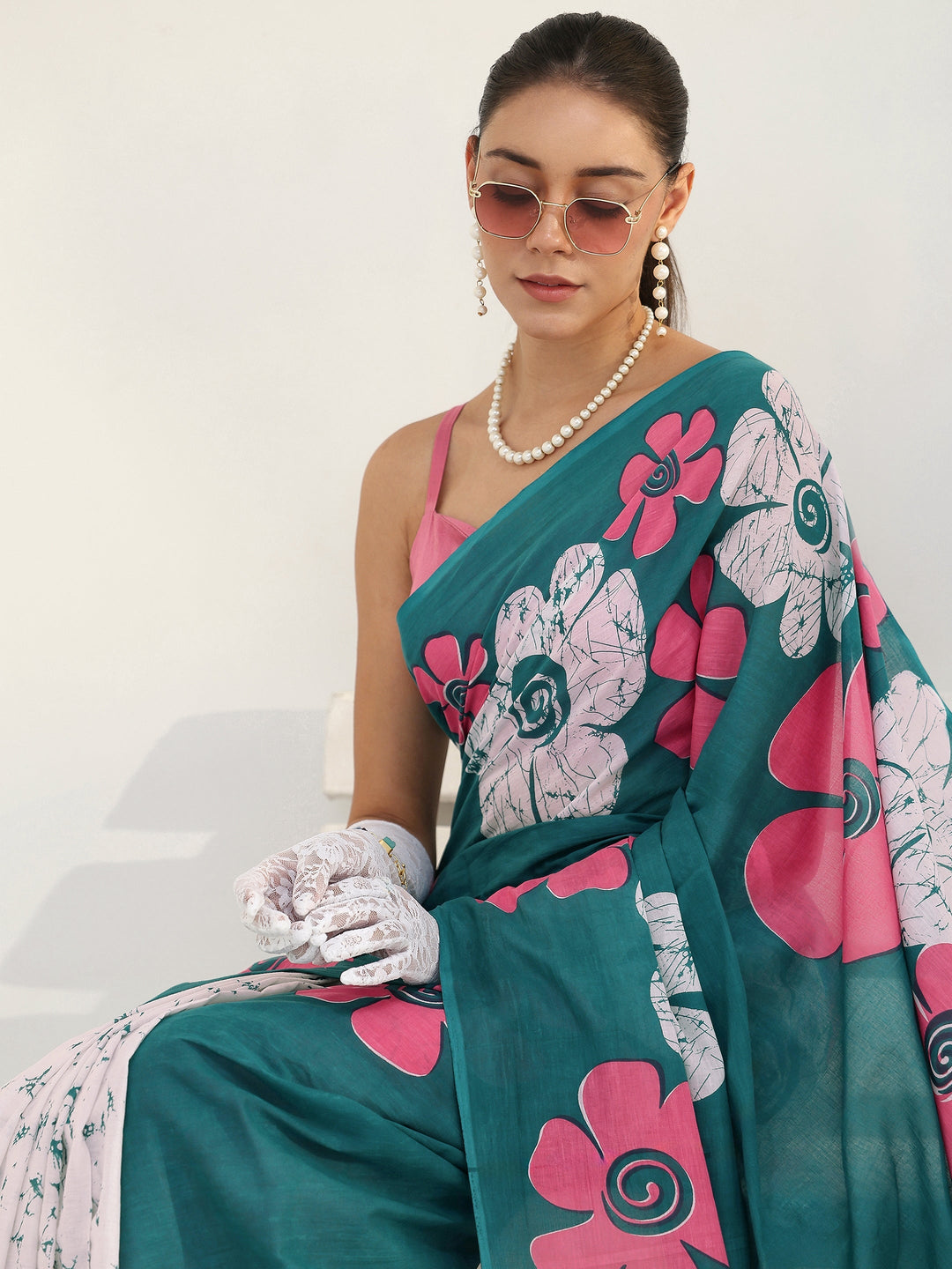 Green Floral Printed Cotton saree