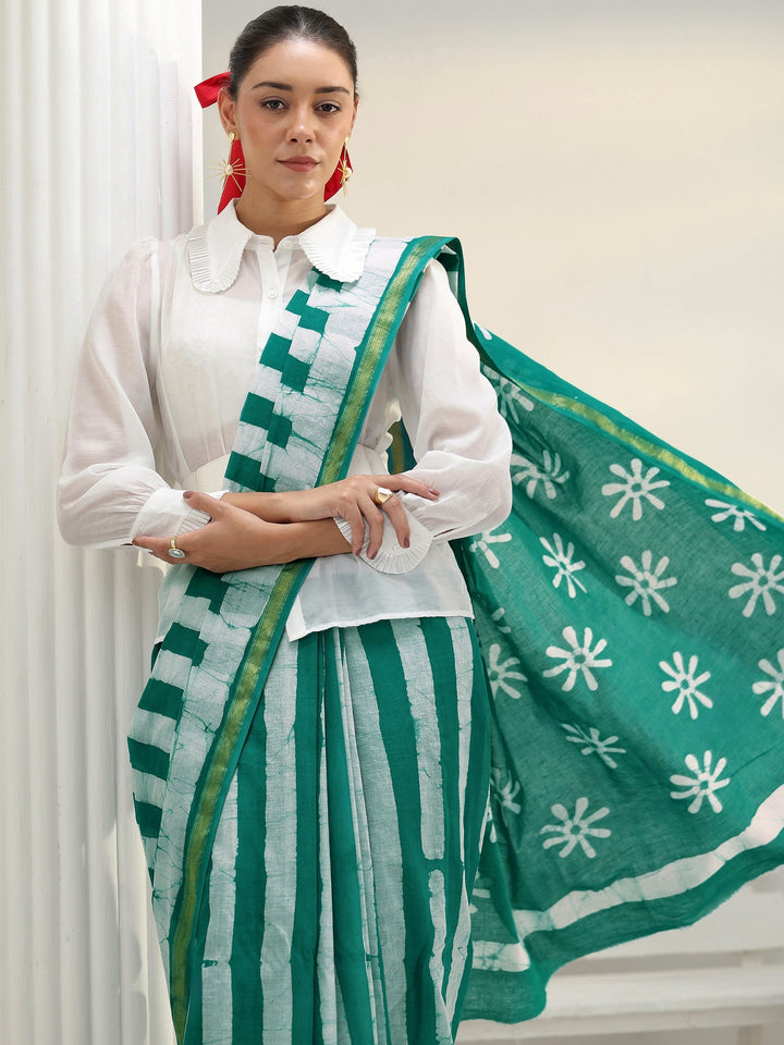 Green Floral Printed Cotton saree
