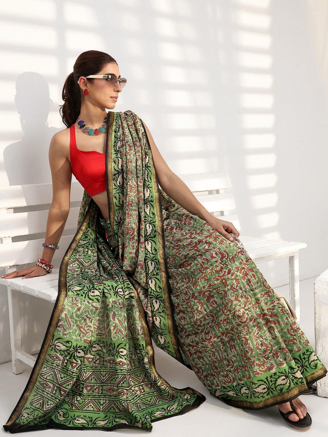 Green Floral Bagru Print Cotton Saree