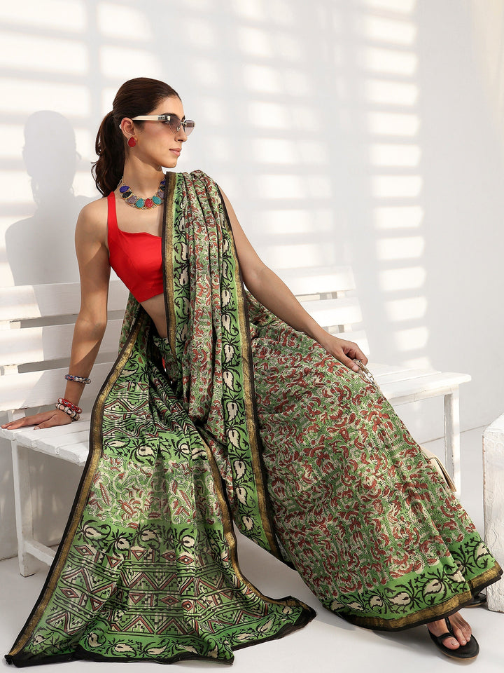 Green Floral Bagru Print Cotton Saree