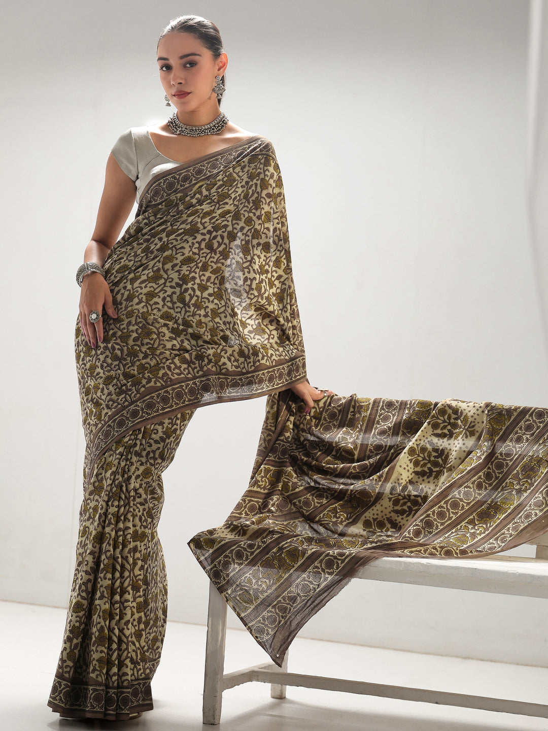 Green Floral Printed Cotton Saree