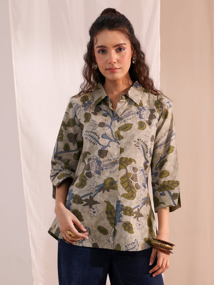 Libas Green Floral Printed Cotton Shirt