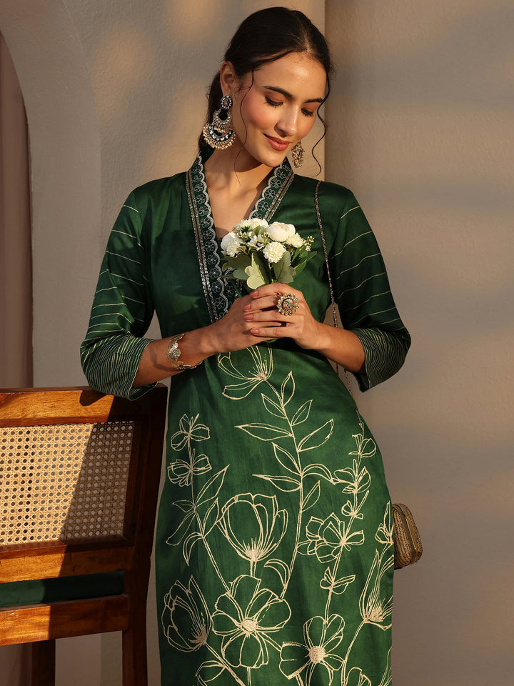 Green Floral Printed Cotton Straight Kurta