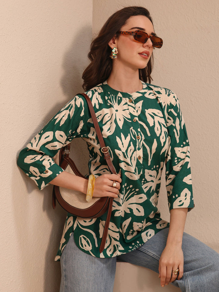 Green Floral Printed Cotton Straight Short Kurti