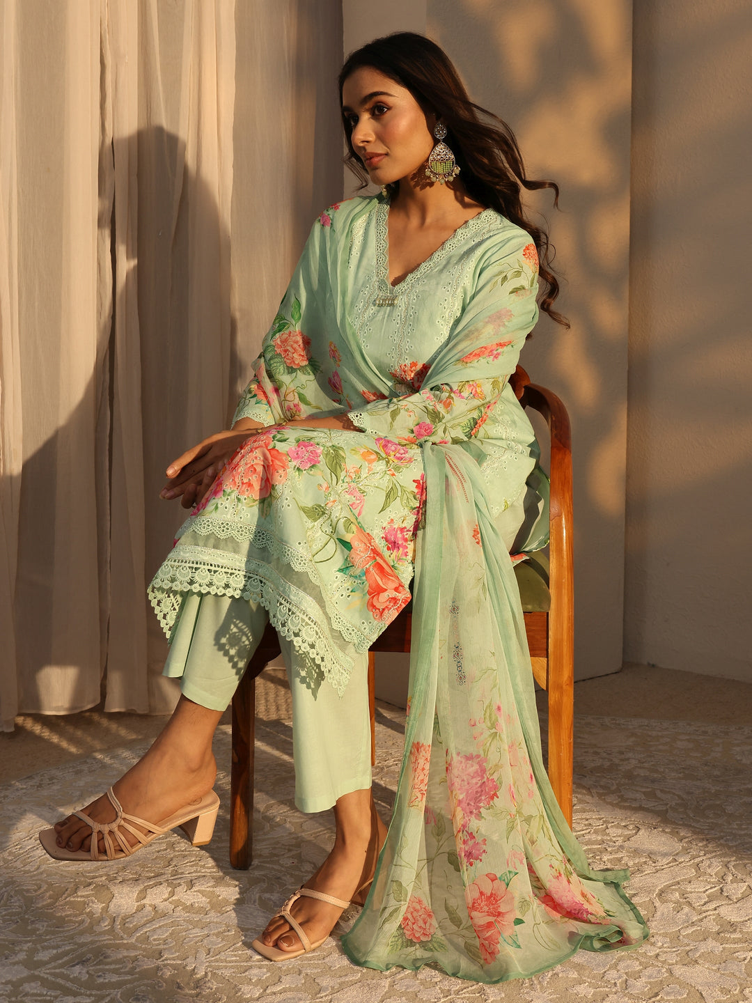 Green Floral Printed Cotton Straight Suits Set With Dupatta