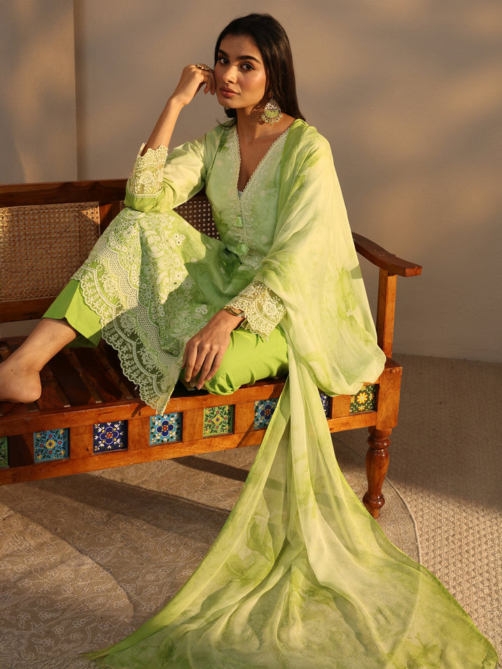 Green Floral Printed Cotton Straight Suits Set With Dupatta