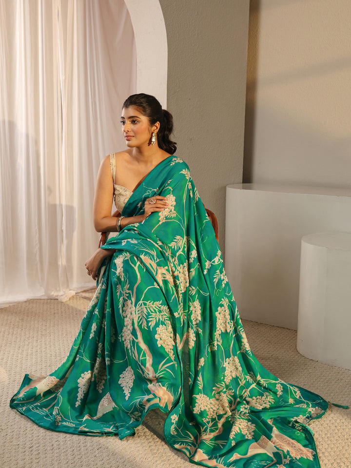 Libas Green Floral Printed Georgette Tassel Saree With Unstitched Blouse Piece