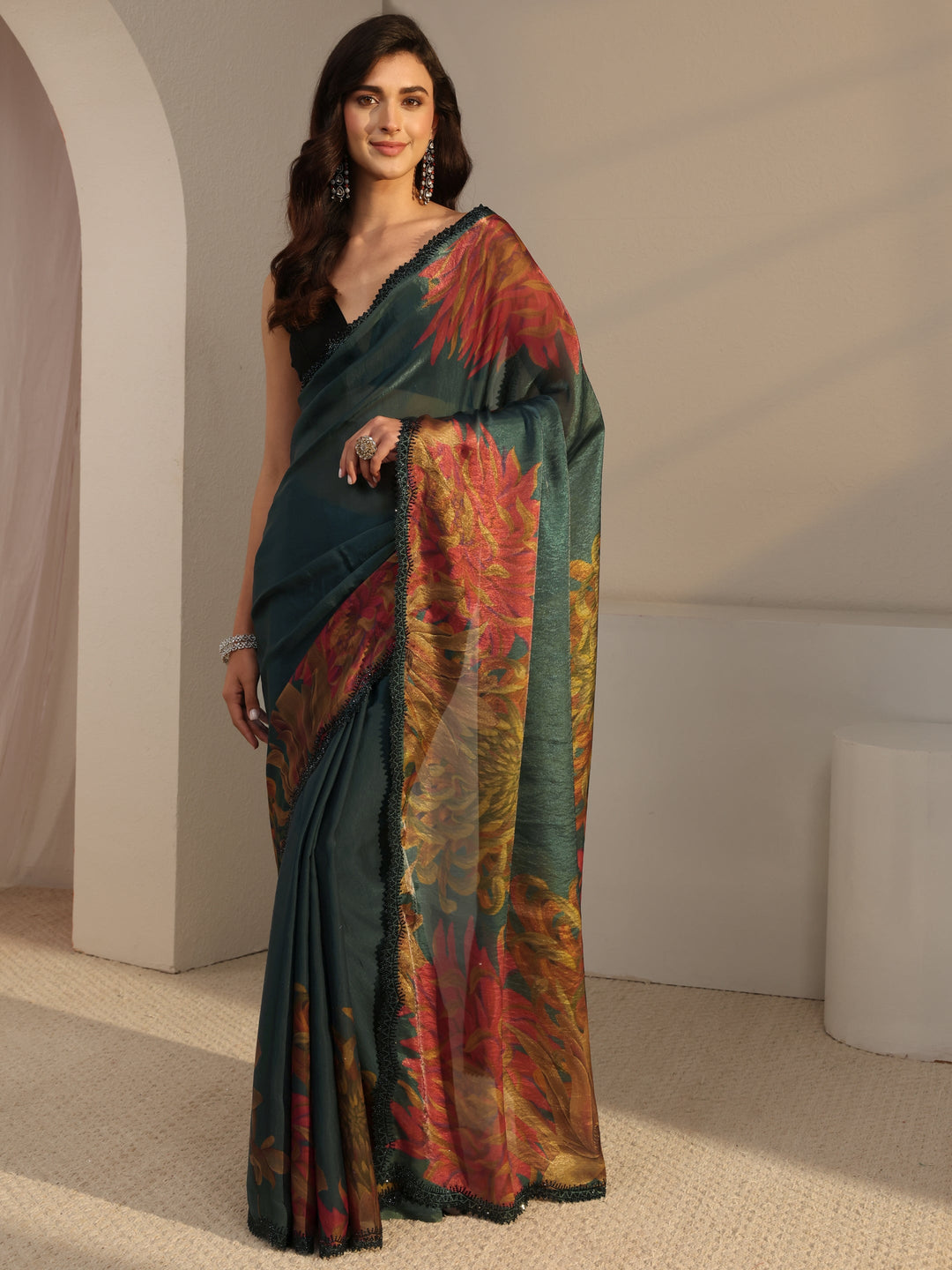 Libas Green Floral Printed Satin Saree With Unstitched Blouse Piece