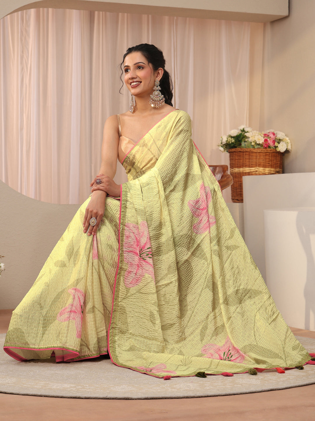 Green Floral Printed Silk Blend Saree