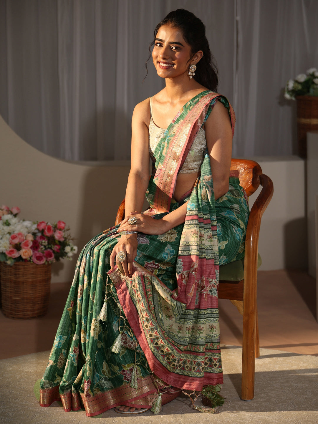 Green Floral Printed Silk Blend Saree