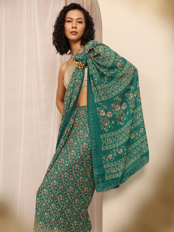 Green Floral Printed Silk Blend Saree With Unstitched Blouse Piece