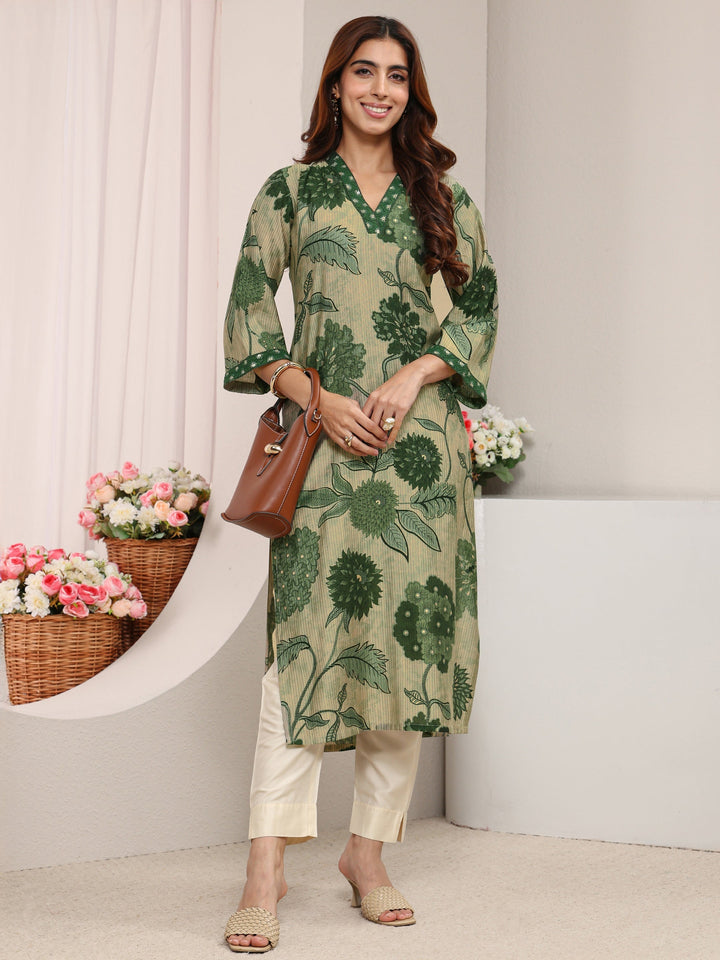Green Floral Printed Silk Blend Straight Kurta