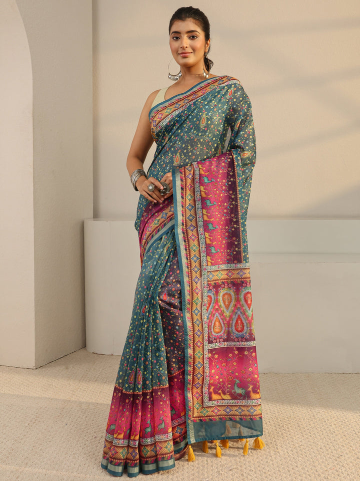 Green Floral Printed Silk Blend Tassel Saree With Unstitched Blouse Piece