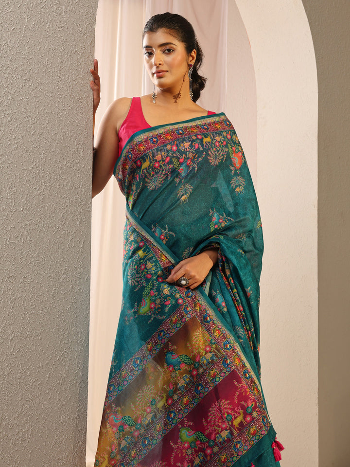 Green Floral Printed Silk Blend Tassel Saree With Unstitched Blouse Piece
