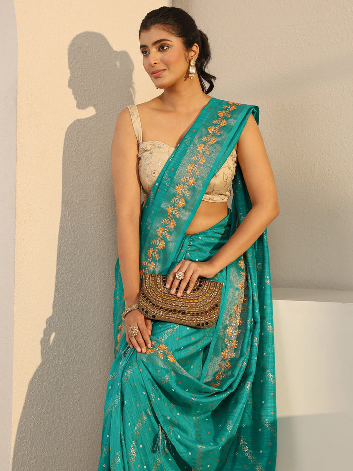 Green Floral Printed Silk Blend Tassel Saree With Unstitched Blouse Piece
