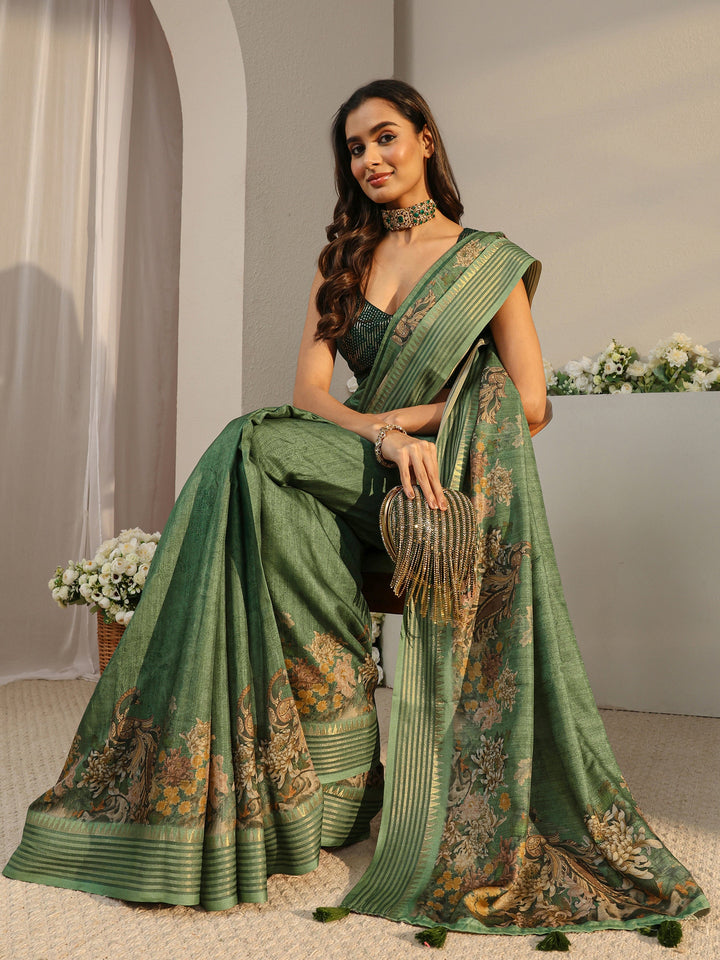 Green Floral Silk Blend Saree With Unstitched Blouse Piece