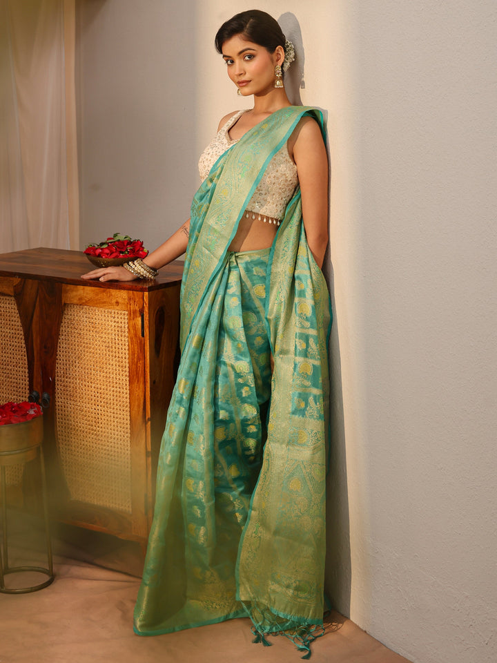 Green Floral Woven Design Silk Blend Saree