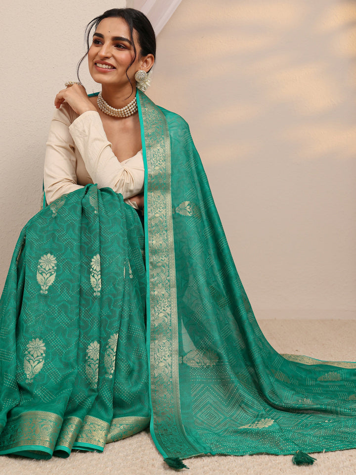 Green Floral Woven Design Silk Blend Saree With Unstitched Blouse Piece