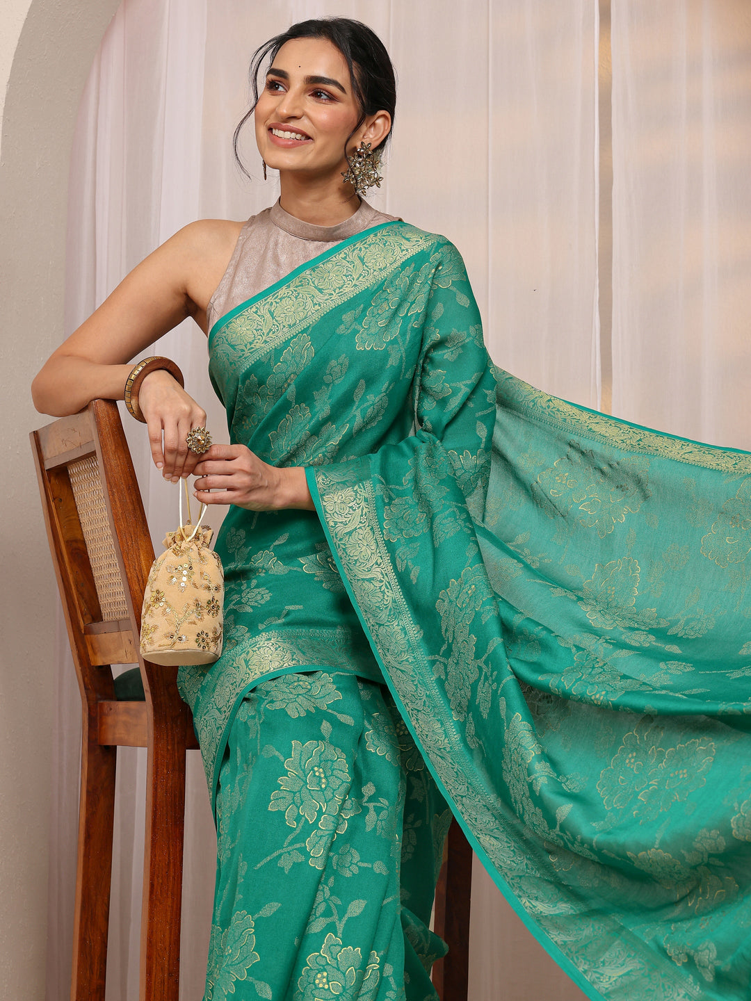 Green Floral Woven Design Silk Blend Saree With Unstitched Blouse Piece