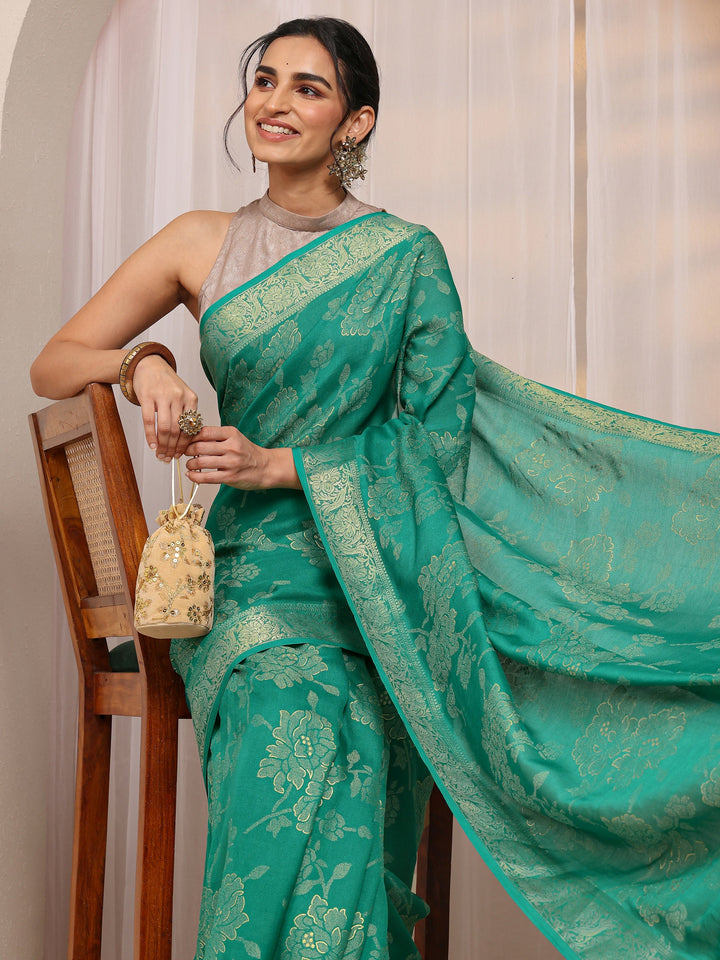 Green Floral Woven Design Silk Blend Saree With Unstitched Blouse Piece