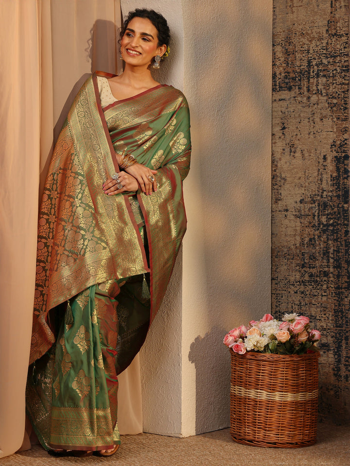 Green Floral Woven Design Silk Blend Saree With Unstitched Blouse Piece