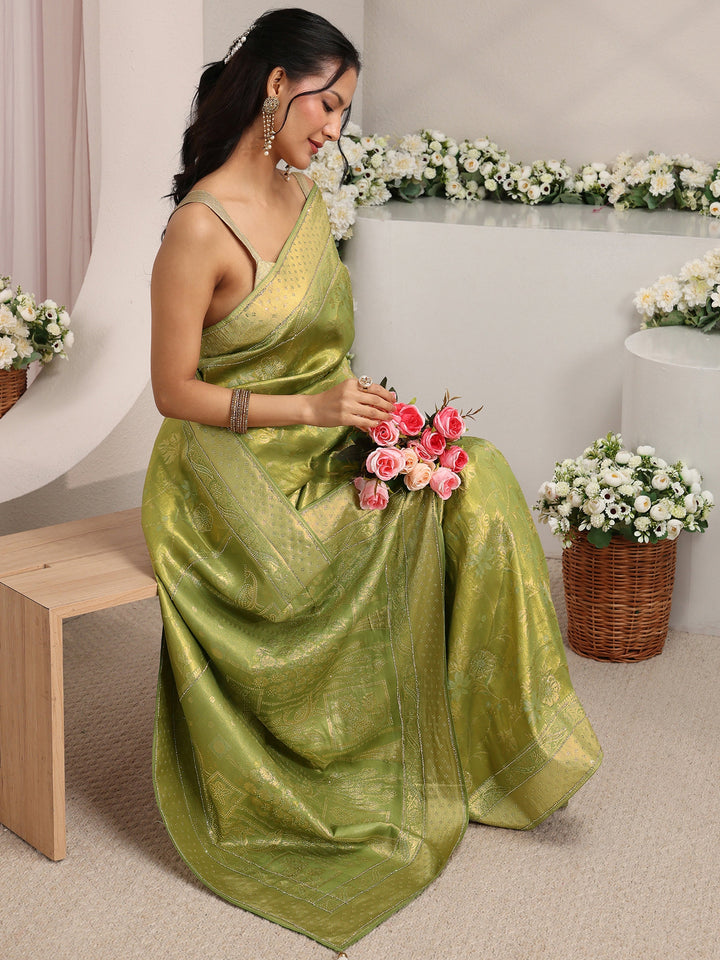Green Floral Woven Design Silk Blend Saree With Unstitched Blouse Piece