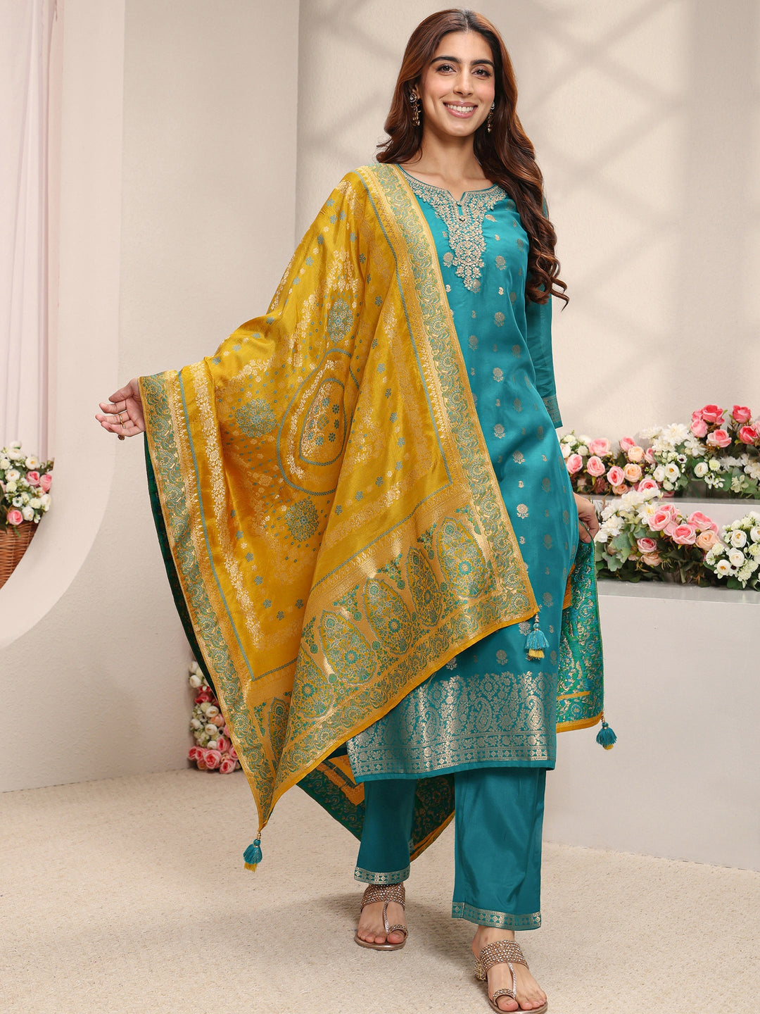 Green Floral Woven Design Silk Blend Straight Suit Set With Dupatta