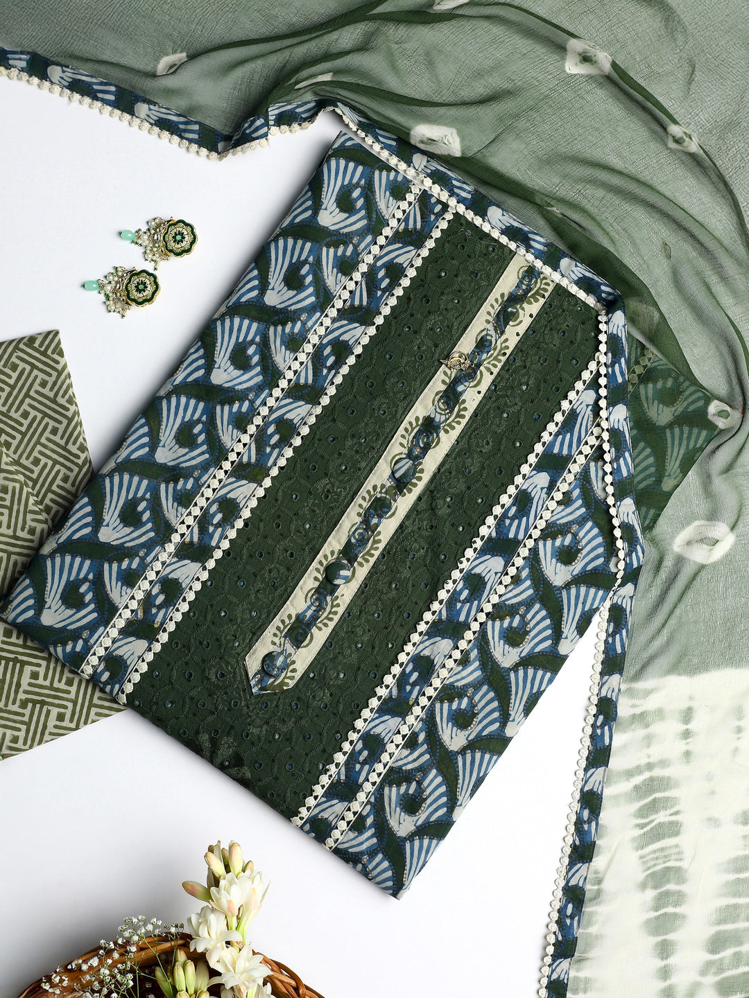 Green Geometric Printed Cotton Dress Material With Dupatta