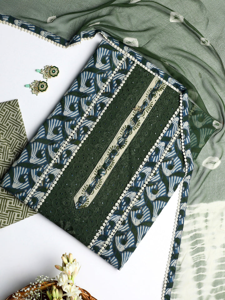 Green Geometric Printed Cotton Dress Material With Dupatta