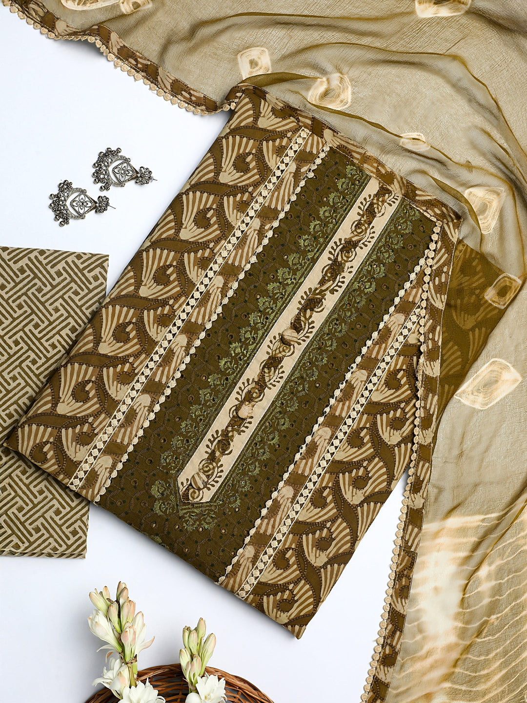 Buy Libas Green Geometric Printed Cotton Dress Material With Dupatta Online in United States at $66.00