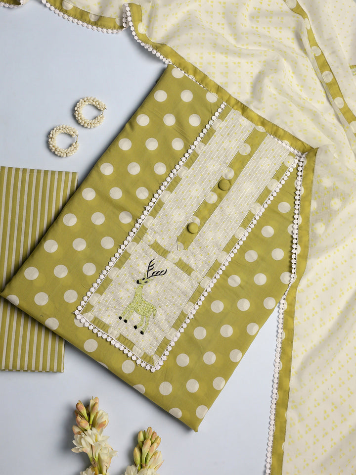 Green Geometric Printed Cotton Dress Material With Dupatta