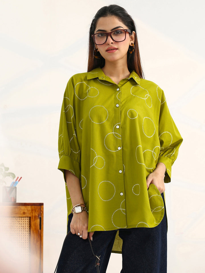 Green Geometric Printed Cotton Shirt